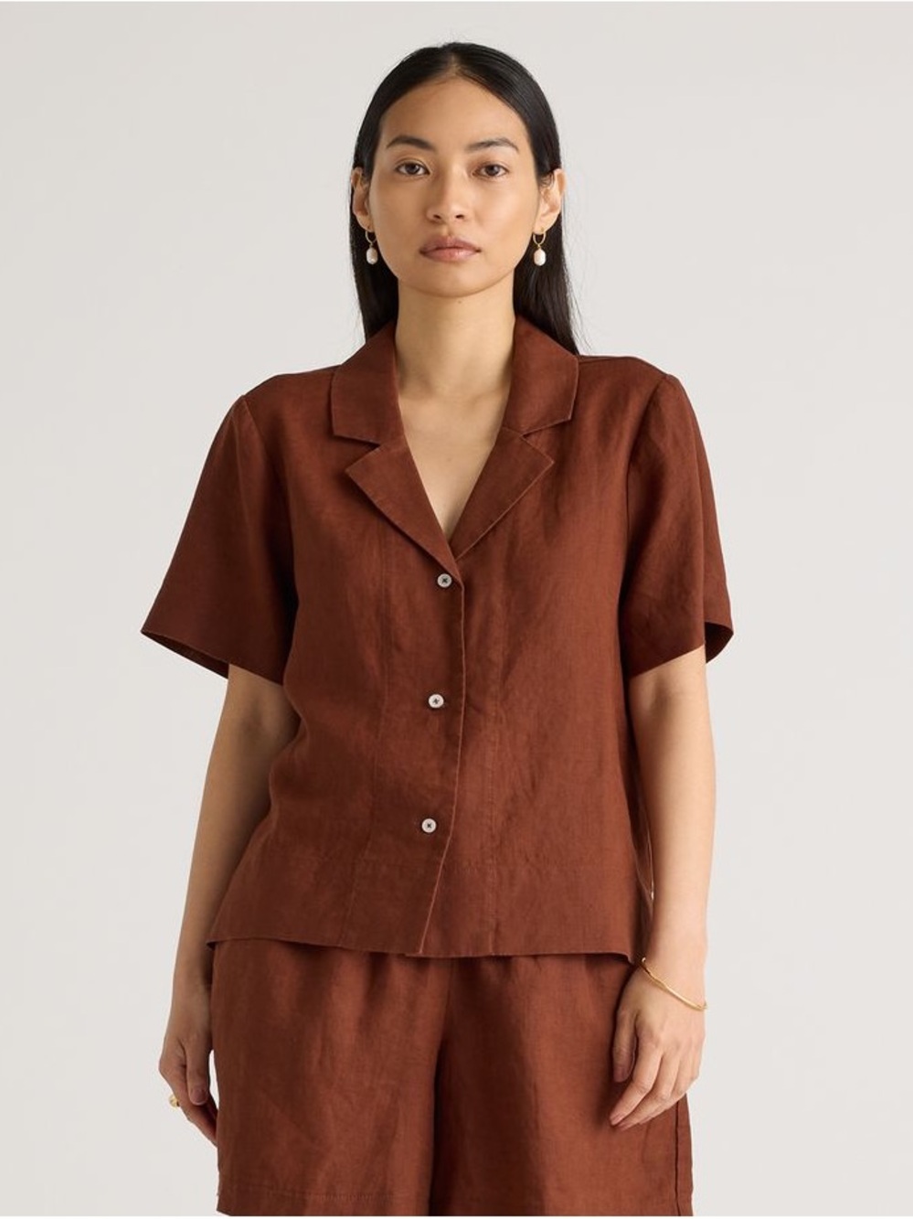 Quince 100% European Linen Short Sleeve Shirt Chocolate Brown Large L